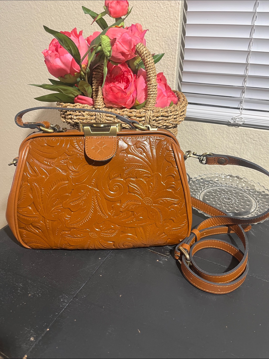 Patricia Nash Gracchi Florence Cognac Tooled Leather Satchel